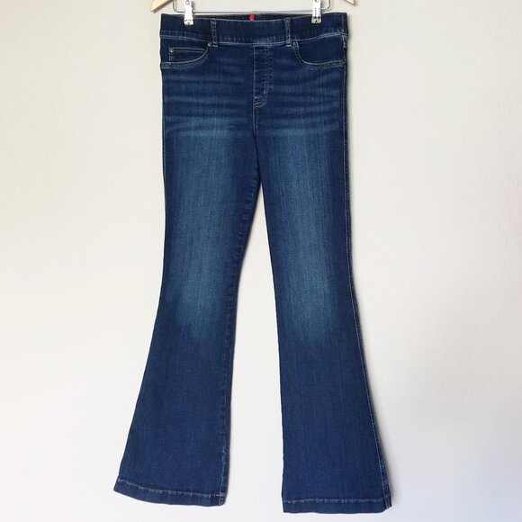 Spanx Flare Jeans Midnight Blue Shade Pull On Stretch High Waist L Petite $148 - Picture 14 of 16